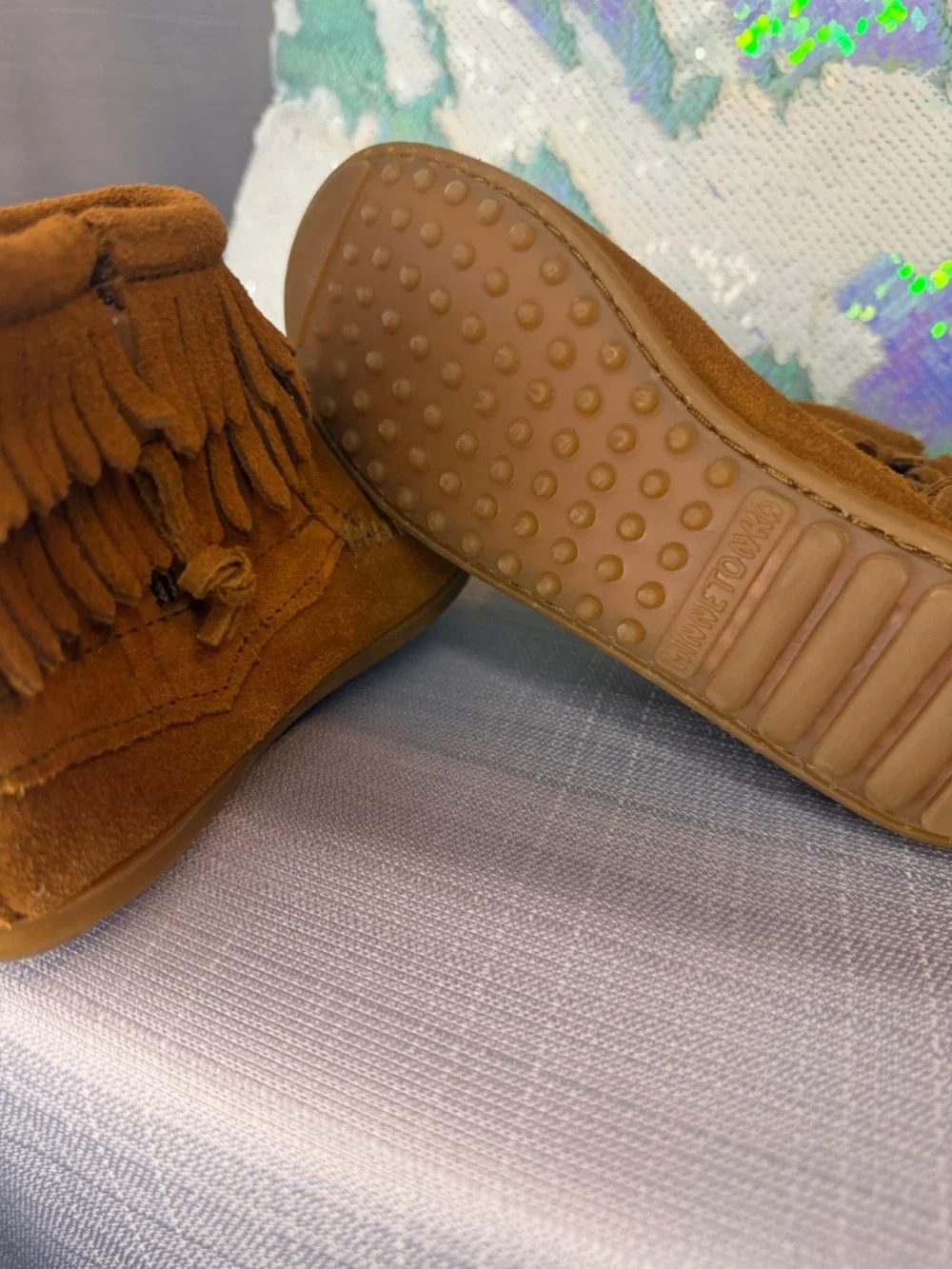 Minnetonka Tan Double Fringe Side Zip Boot (Girls Size 3)